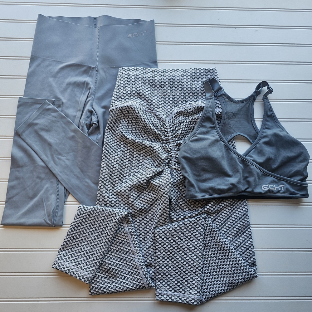 ECHT Gray/Black 3pc Sports Bra, Leggings Workout Bundle Womens XS/SMALL